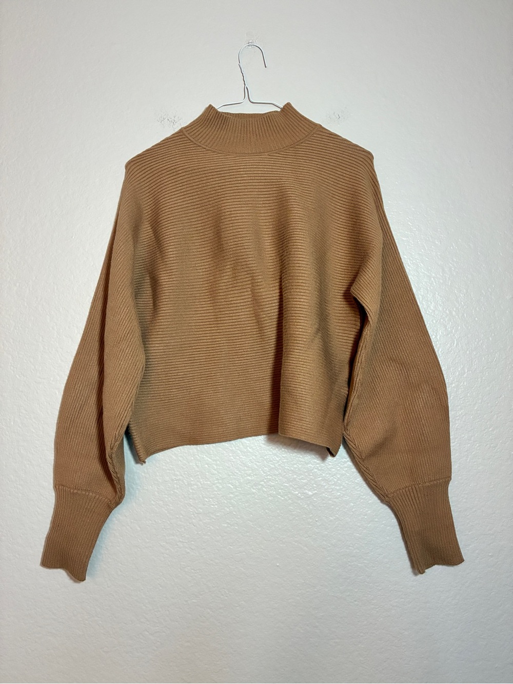 Zara Horizontal Ribbed Mock Neck Cropped Camel Sweater Size M Relaxed Fit Fall